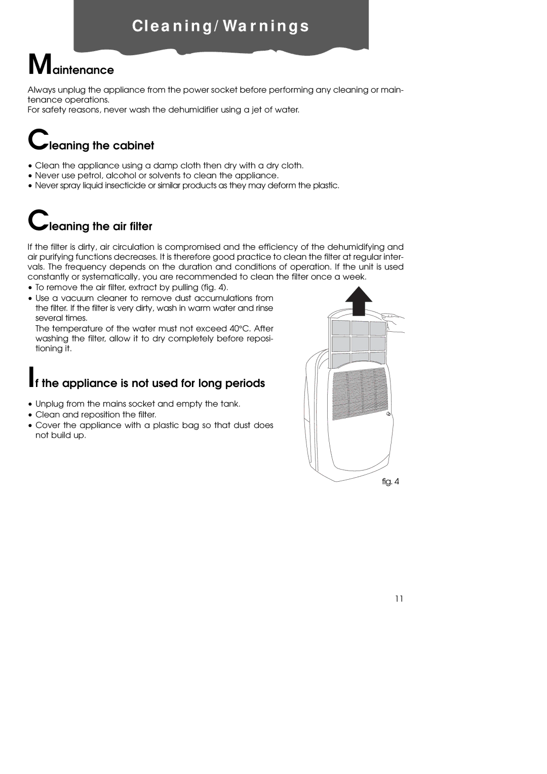 DeLonghi DEC180E manual E a n i n g / W a r n i n g s, Maintenance, Cleaning the cabinet, Cleaning the air filter 