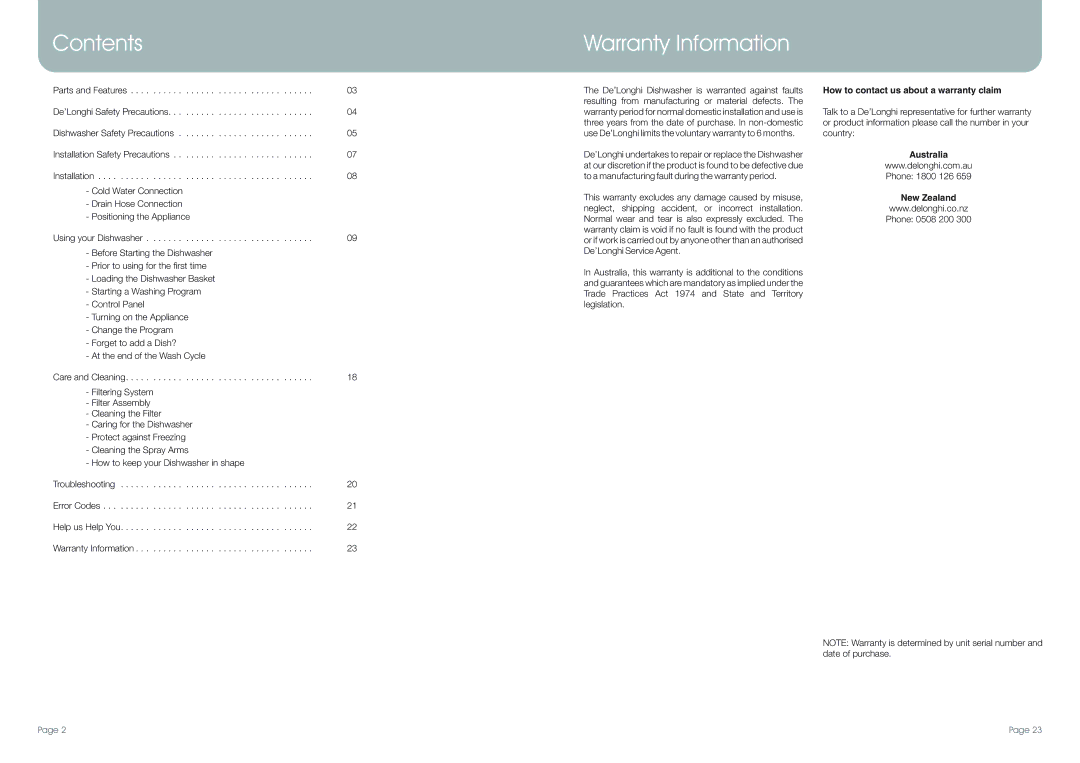 DeLonghi DEDW45S manual Contents, Warranty Information 