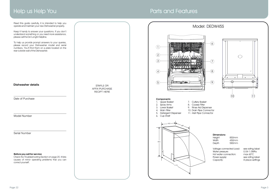 DeLonghi DEDW45S manual Help us Help You, Parts and Features, Before you call for service 