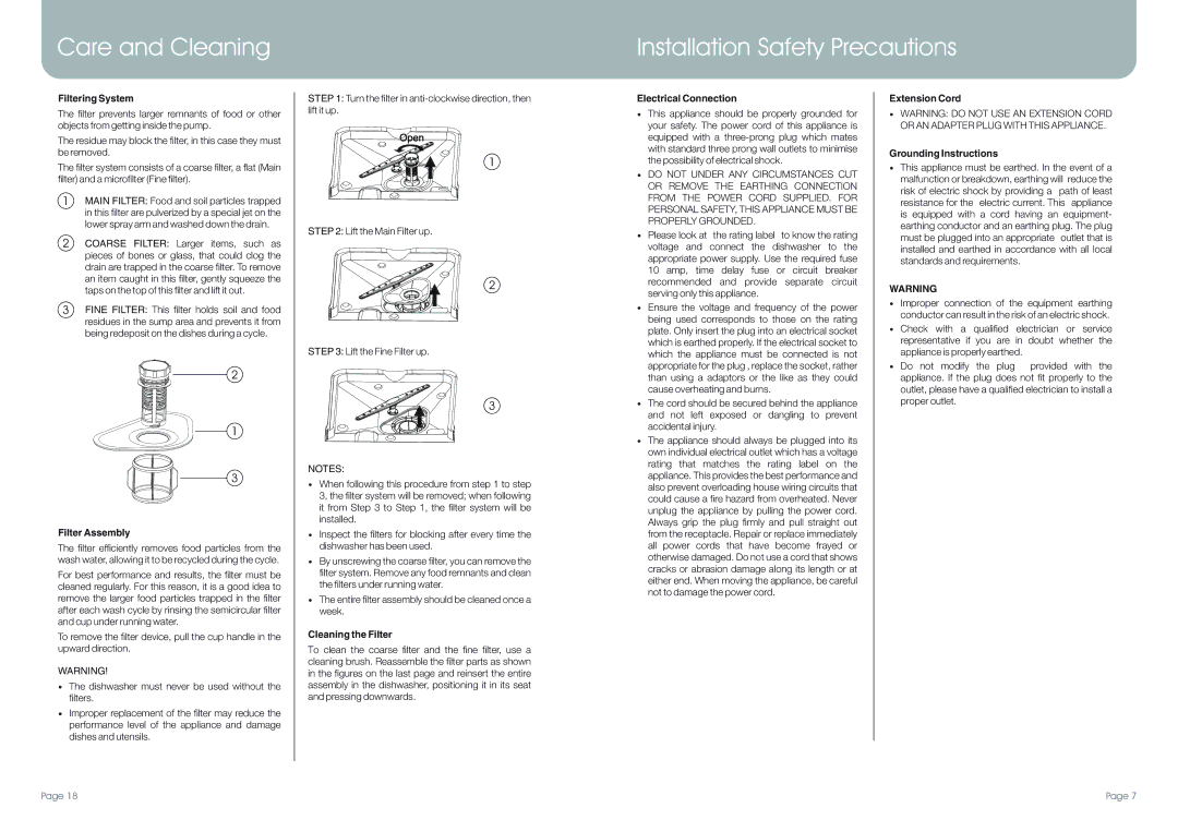 DeLonghi DEDW45S manual Care and Cleaning Installation Safety Precautions 