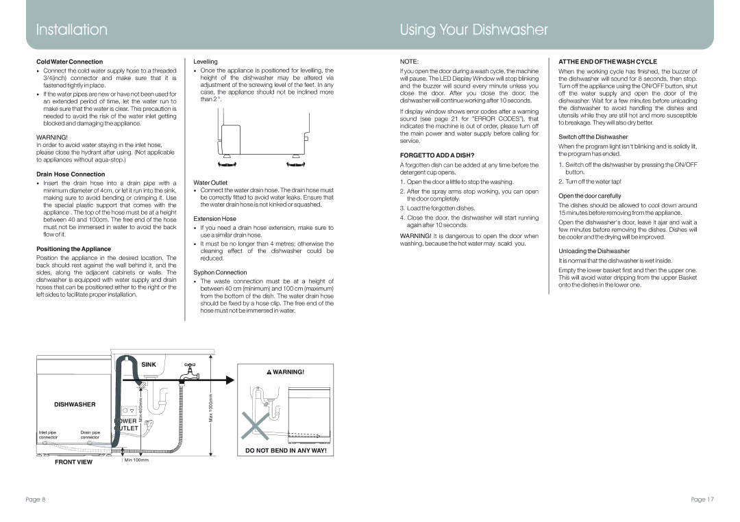 DeLonghi DEDW45S manual Installation Using Your Dishwasher 