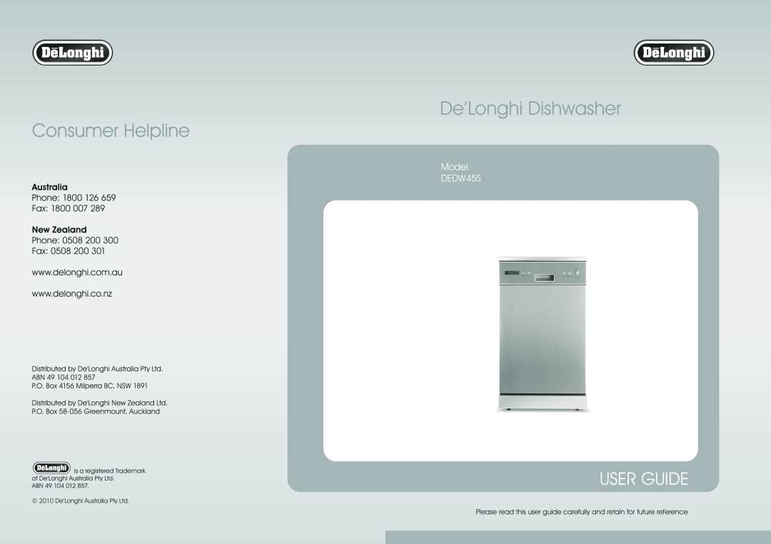 DeLonghi manual De’Longhi Dishwasher, User Guide, Model DEDW45S 
