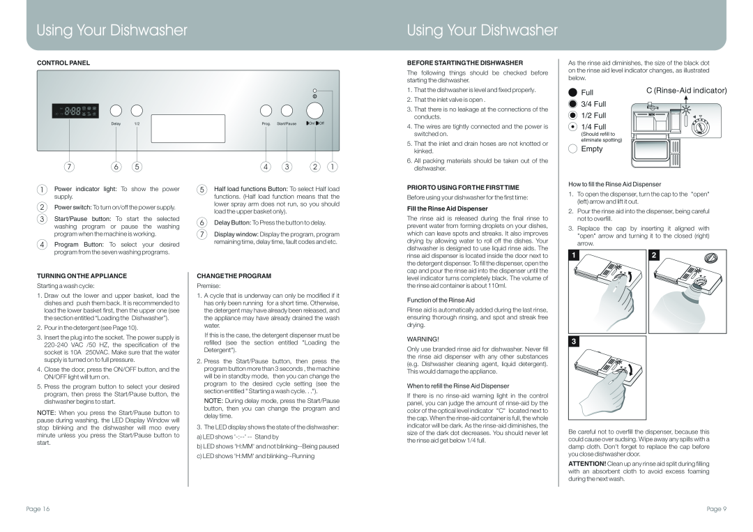 DeLonghi DEDW45S manual Using Your Dishwasher, Full 3/4 Full 1/2 Full 1/4 Full, Empty, C Rinse-Aidindicator 