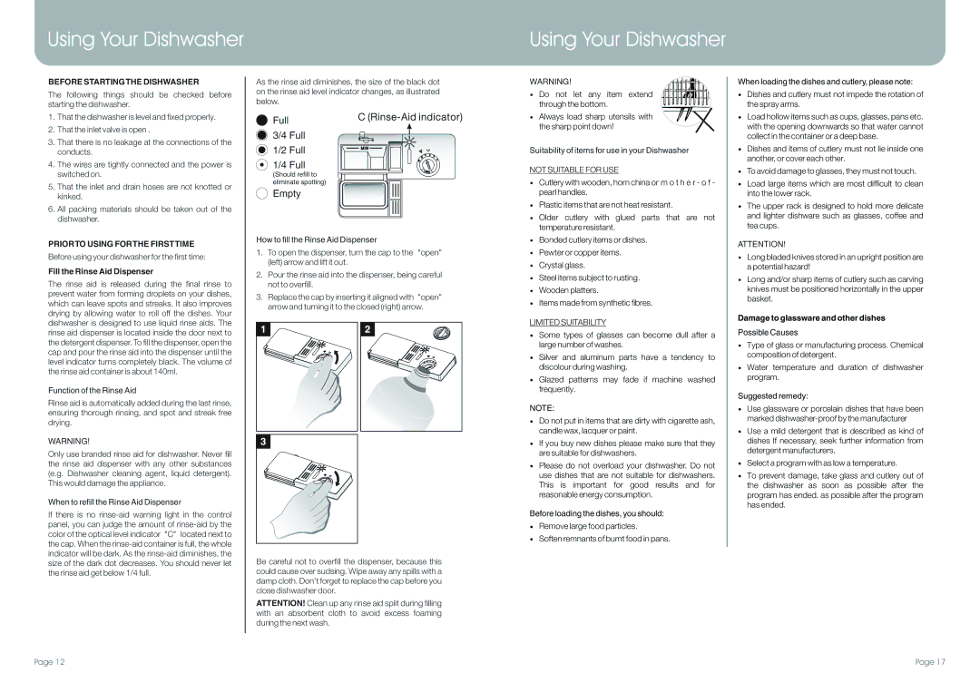 DeLonghi DEDW60SI manual Before Startingthe Dishwasher, Priorto Using Forthe Firsttime, Fill the Rinse Aid Dispenser 