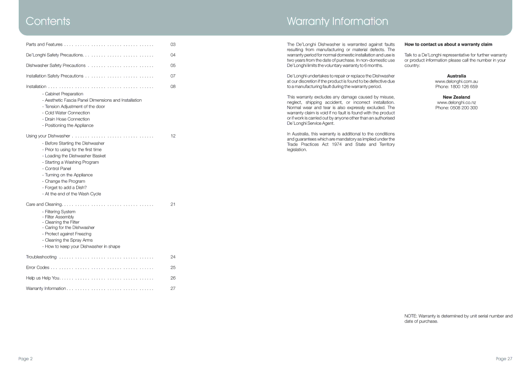 DeLonghi DEDW60SI manual Contents, Warranty Information 