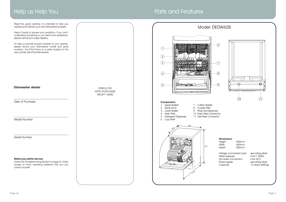 DeLonghi DEDW60SI manual Help us Help You, Parts and Features, Before you call for service 