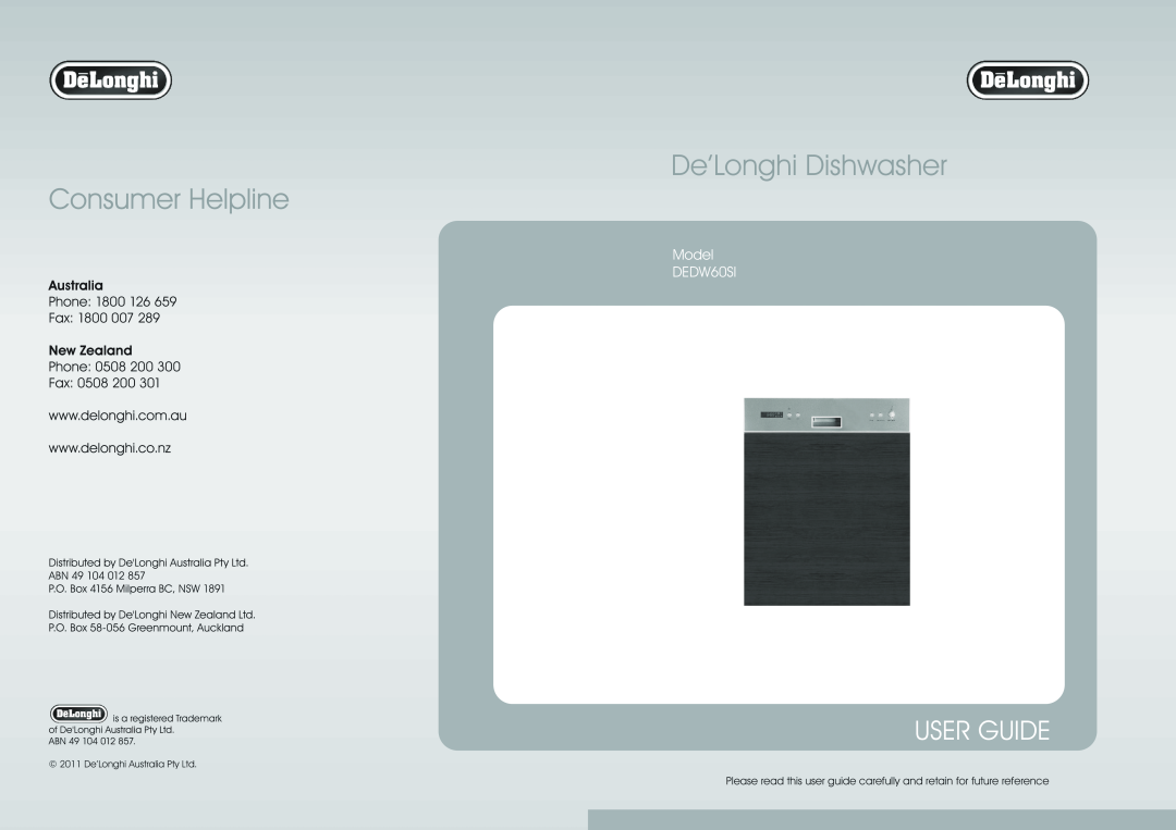 DeLonghi manual De’Longhi Dishwasher, User Guide, Model DEDW60SI 