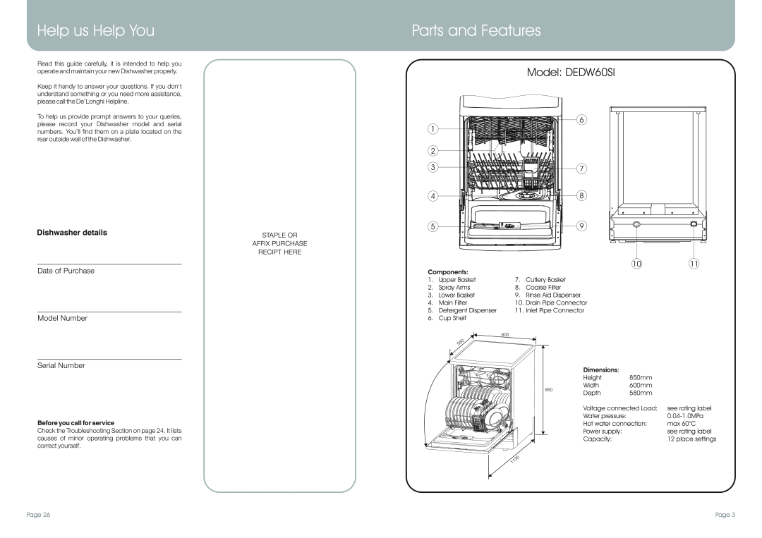 DeLonghi Help us Help You, Parts and Features, Dishwasher details, Before you call for service, Model DEDW60SI, Page 