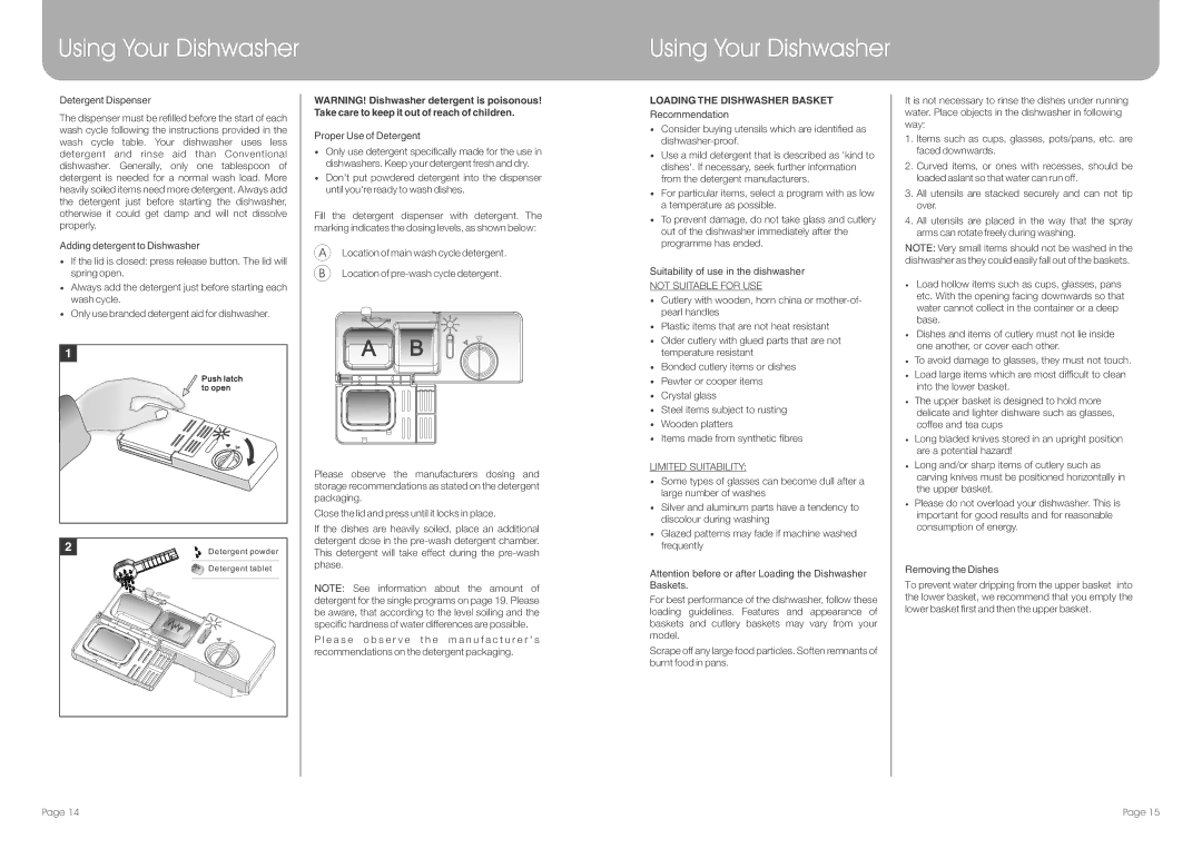 DeLonghi DEDW645S, DEDW645W manual Proper Use of Detergent, Loading the Dishwasher Basket 