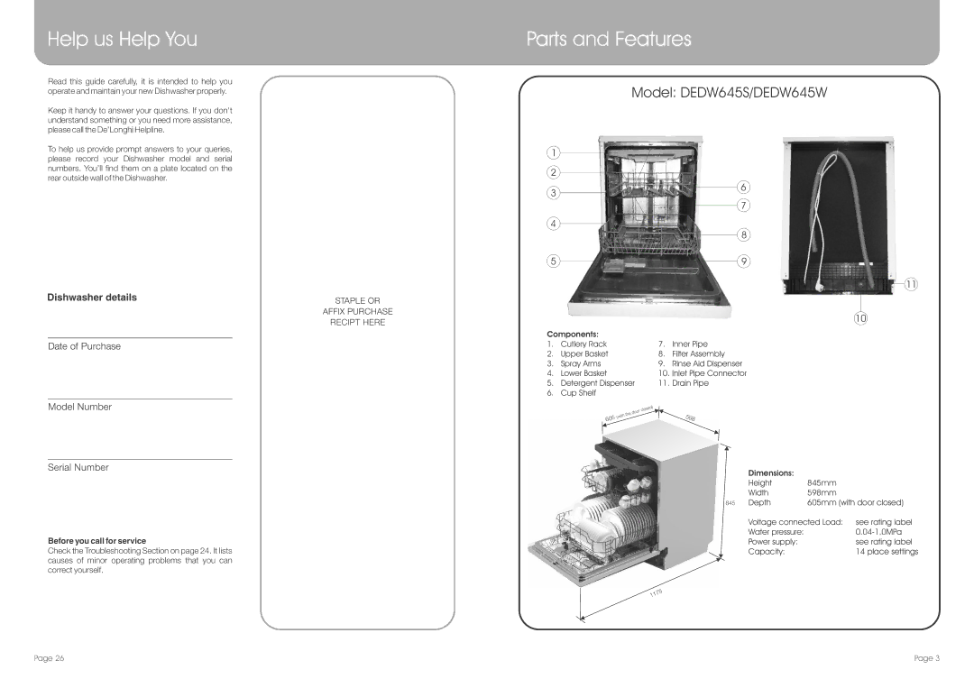 DeLonghi DEDW645W, DEDW645S manual Help us Help You, Parts and Features, Before you call for service 