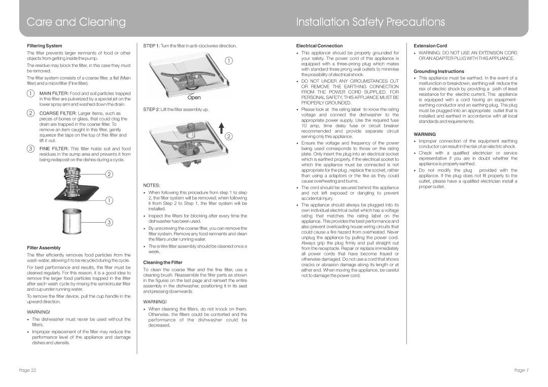 DeLonghi DEDW645W, DEDW645S manual Care and Cleaning Installation Safety Precautions 