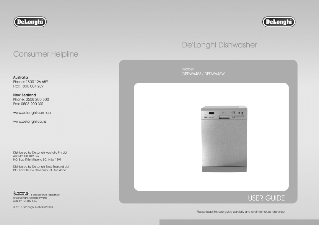 DeLonghi DEDW645W manual Please read this user guide carefully and retain for future reference, De’Longhi Dishwasher 