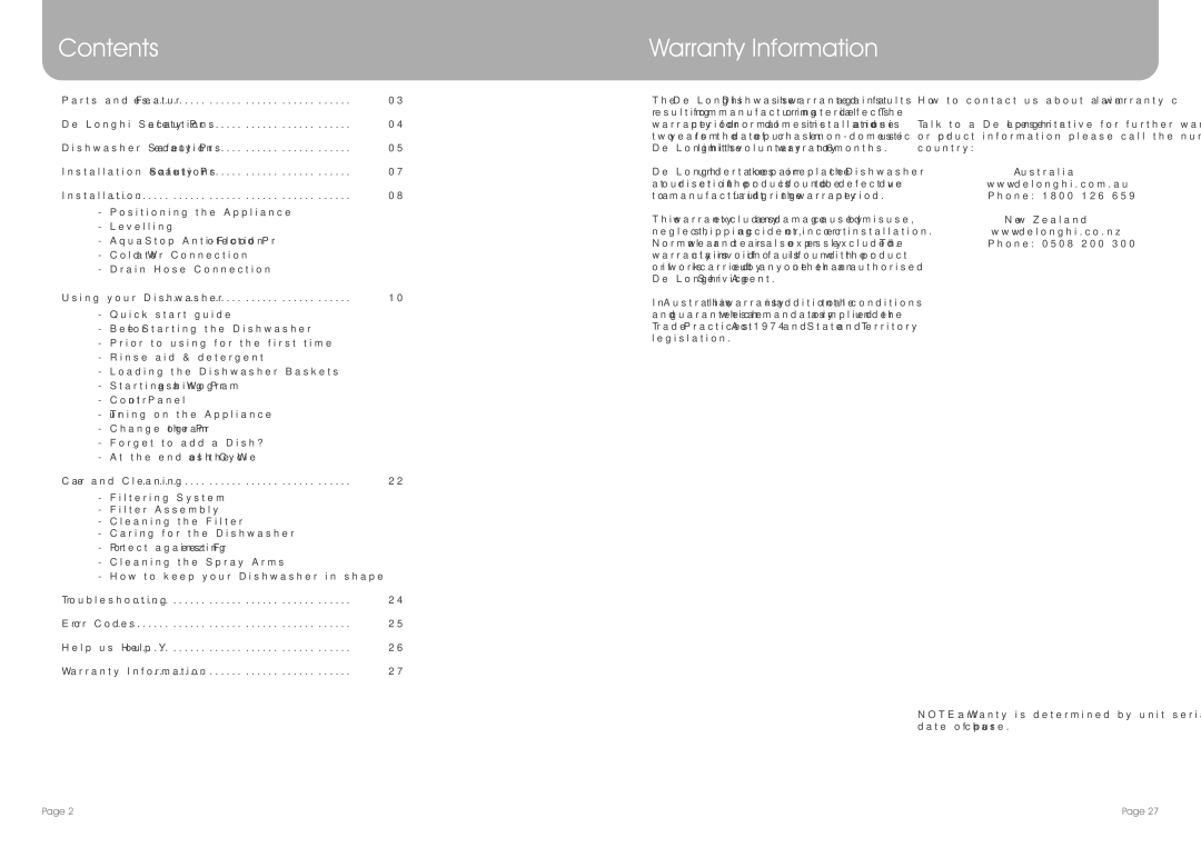 DeLonghi DEDW650S manual Contents, Warranty Information 