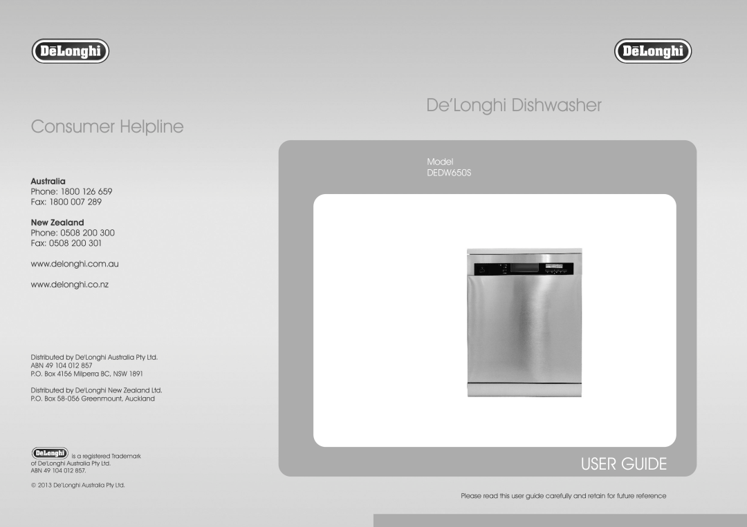DeLonghi manual De’Longhi Dishwasher, User Guide, Model DEDW650S 
