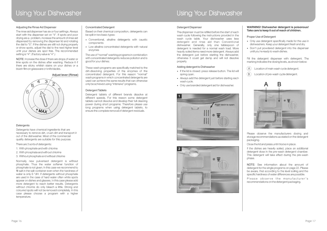 DeLonghi DEDW654FI manual Adjust lever Rinse, Proper Use of Detergent 