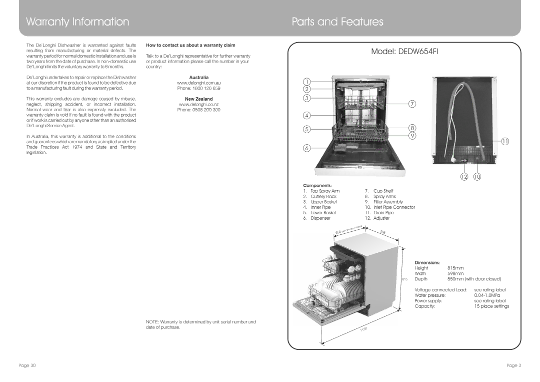 DeLonghi DEDW654FI manual Warranty Information, Parts and Features, How to contact us about a warranty claim, Australia 