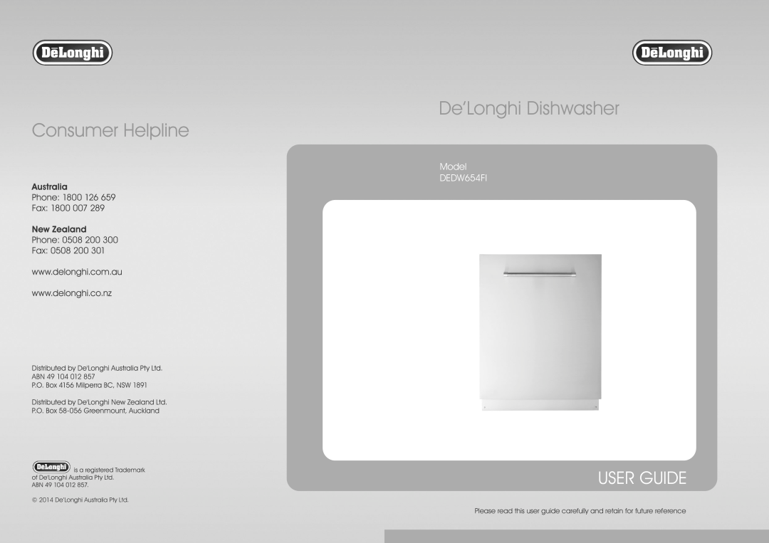DeLonghi manual De’Longhi Dishwasher, User Guide, Model DEDW654FI 