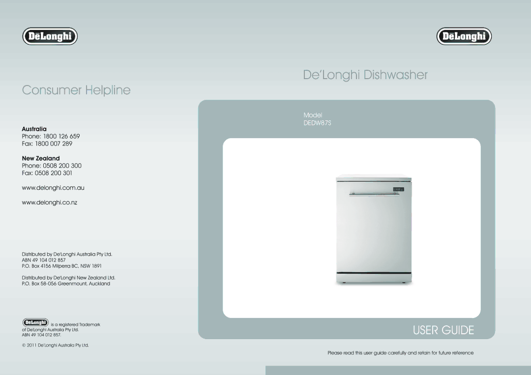 DeLonghi DEDW87S, DEDW875 manual De’Longhi Dishwasher 