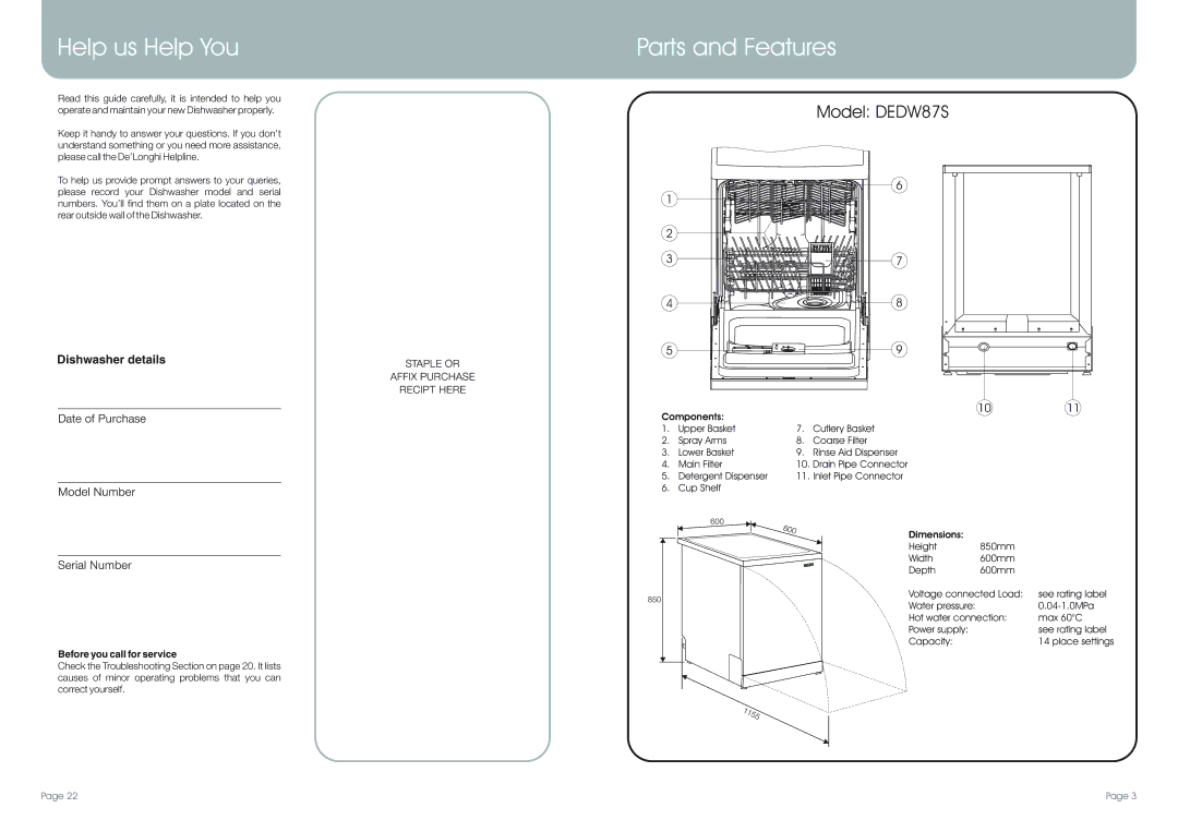 DeLonghi DEDW87S, DEDW875 manual Help us Help You, Parts and Features, Before you call for service 