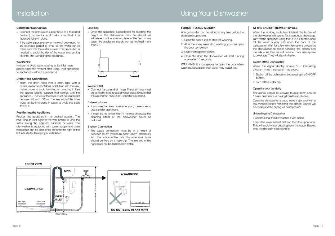 DeLonghi DEDW875, DEDW87S manual Installation Using Your Dishwasher 