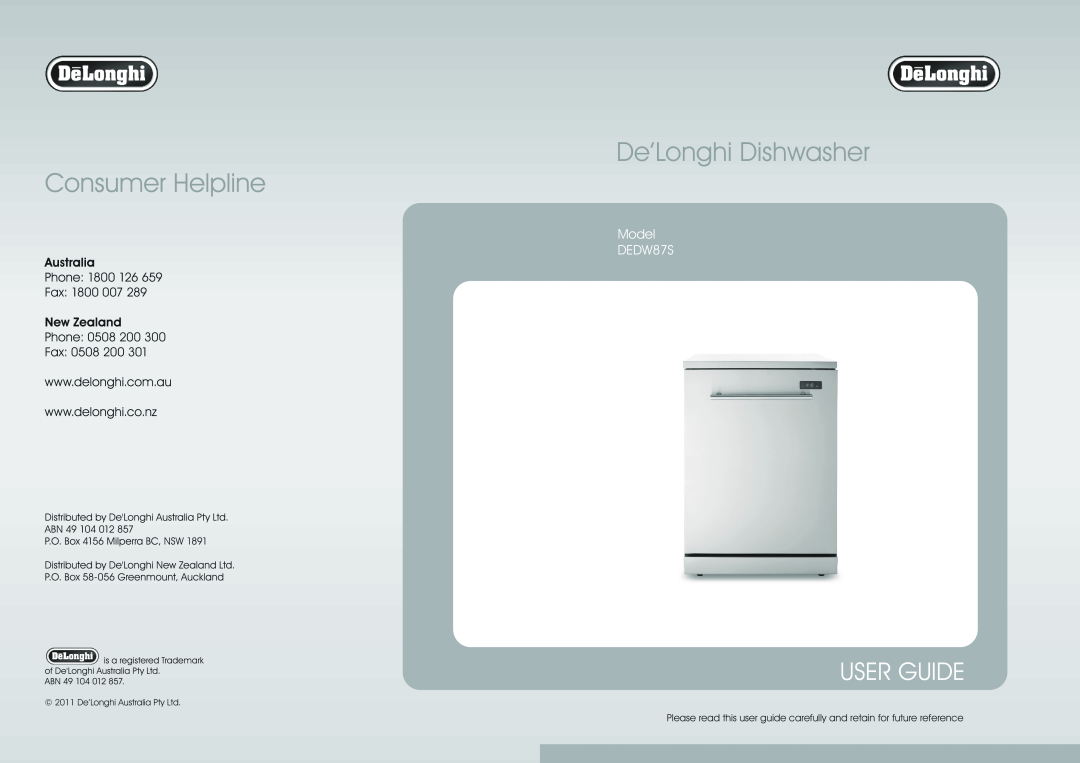 DeLonghi DEDW875 manual De’Longhi Dishwasher, User Guide, Model DEDW87S 