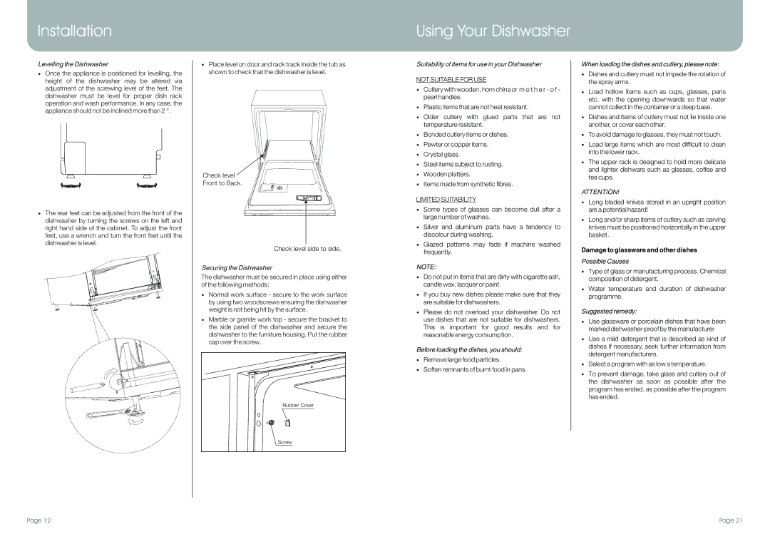 DeLonghi DEDW97FI manual Installation Using Your Dishwasher, Damage to glassware and other dishes 