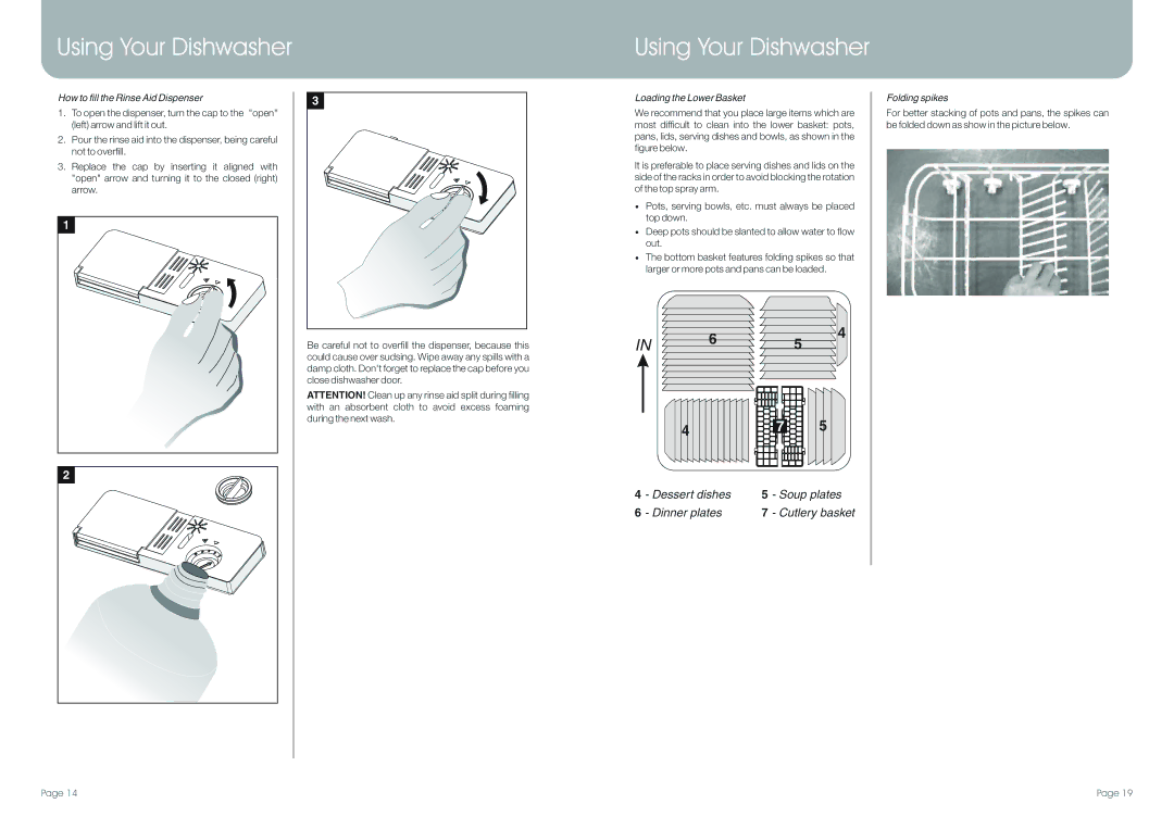 DeLonghi DEDW97FI manual How to fill the Rinse Aid Dispenser, Loading the Lower Basket, Folding spikes 