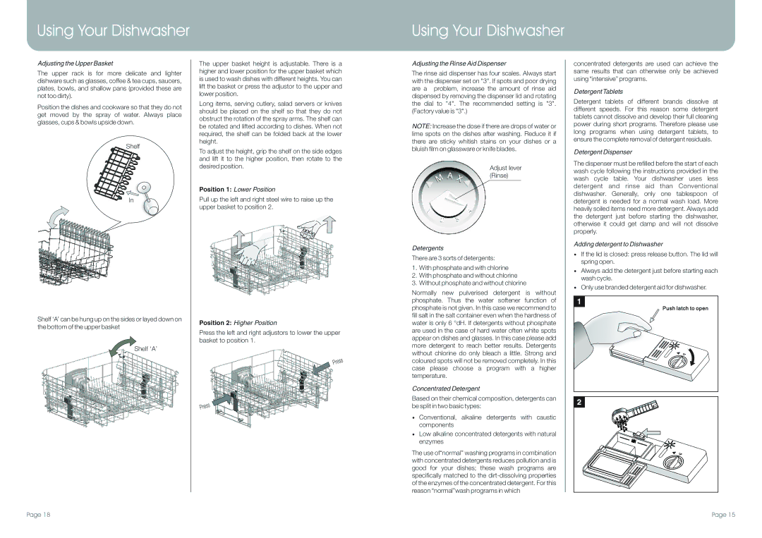 DeLonghi DEDW97FI manual Adjusting the Upper Basket, Position 1 Lower Position, Position 2 Higher Position, Detergents 