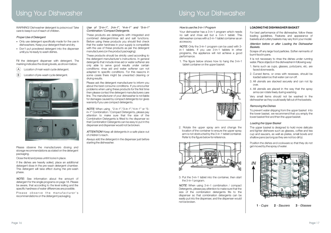 DeLonghi DEDW97FI manual Proper Use of Detergent, How to use the 3-in-1 Program, Loadingthe Dishwasher Basket 