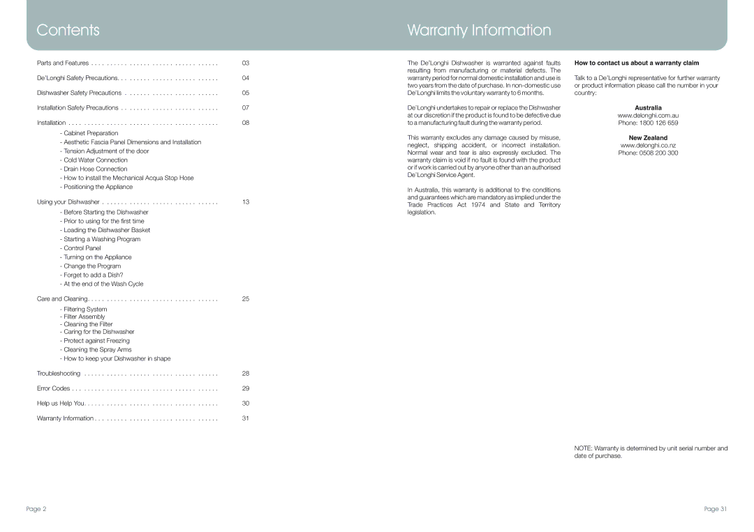 DeLonghi DEDW97FI manual Contents, Warranty Information 