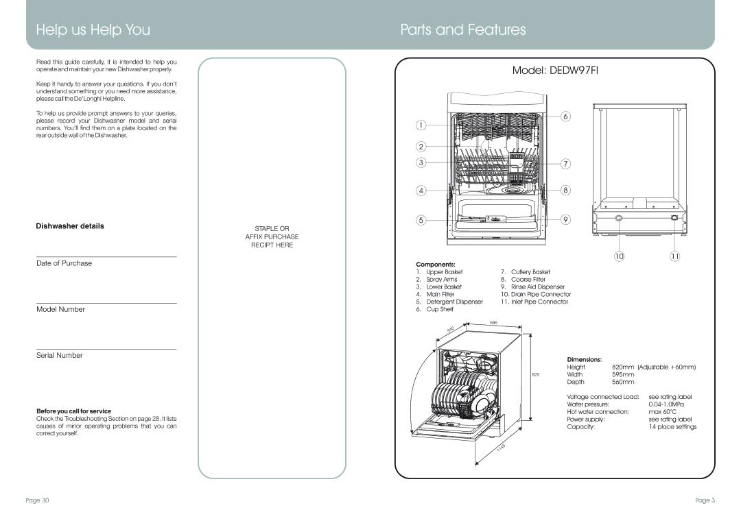 DeLonghi DEDW97FI manual Help us Help You, Parts and Features, Before you call for service 