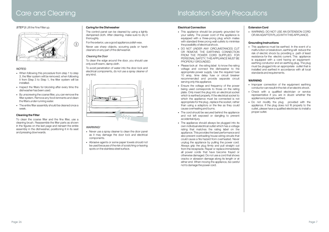 DeLonghi DEDW97FI manual Care and Cleaning Installation Safety Precautions, Cleaning the Filter, Caring for the Dishwasher 