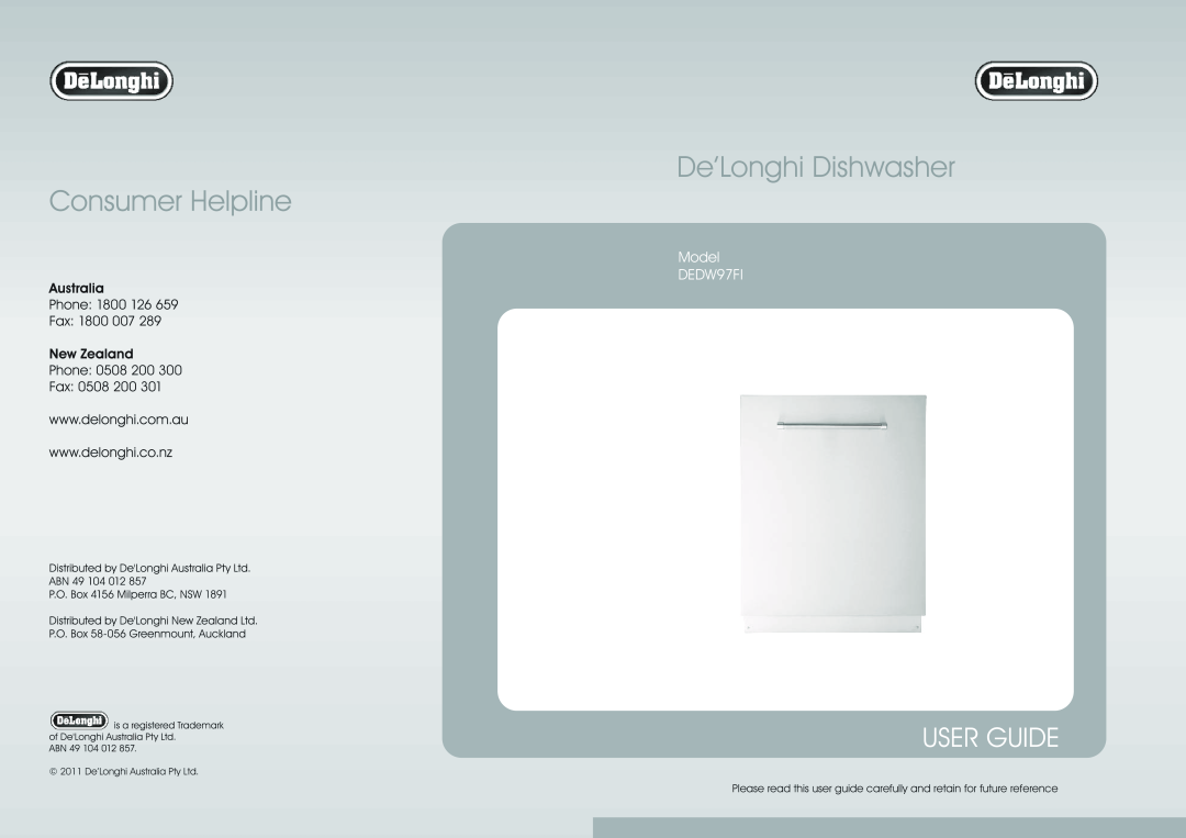 DeLonghi manual De’Longhi Dishwasher, User Guide, Model DEDW97FI 