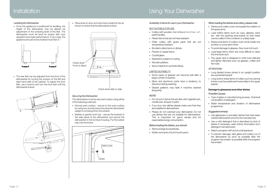 DeLonghi DEDW97FI Levelling the Dishwasher, Securing the Dishwasher, Suitability of items for use in your Dishwasher, Page 