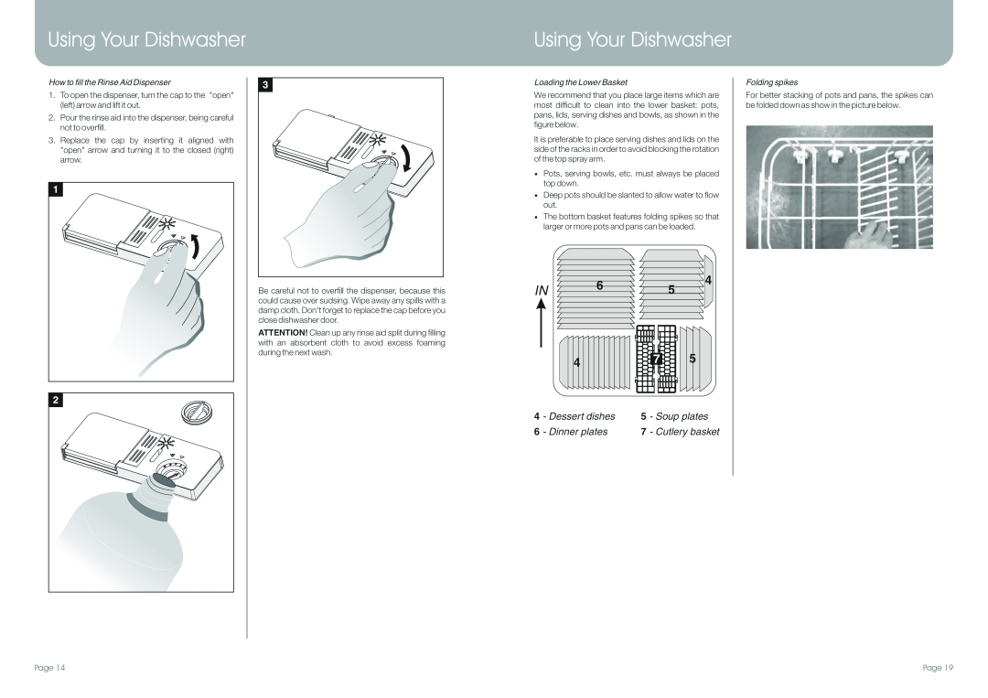 DeLonghi DEDW97FI How to fill the Rinse Aid Dispenser, Loading the Lower Basket, Folding spikes, Using Your Dishwasher 