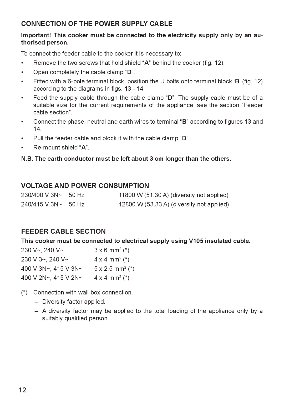 DeLonghi DEF905E manual Connection of the Power Supply Cable, Voltage and Power Consumption, Feeder Cable Section 