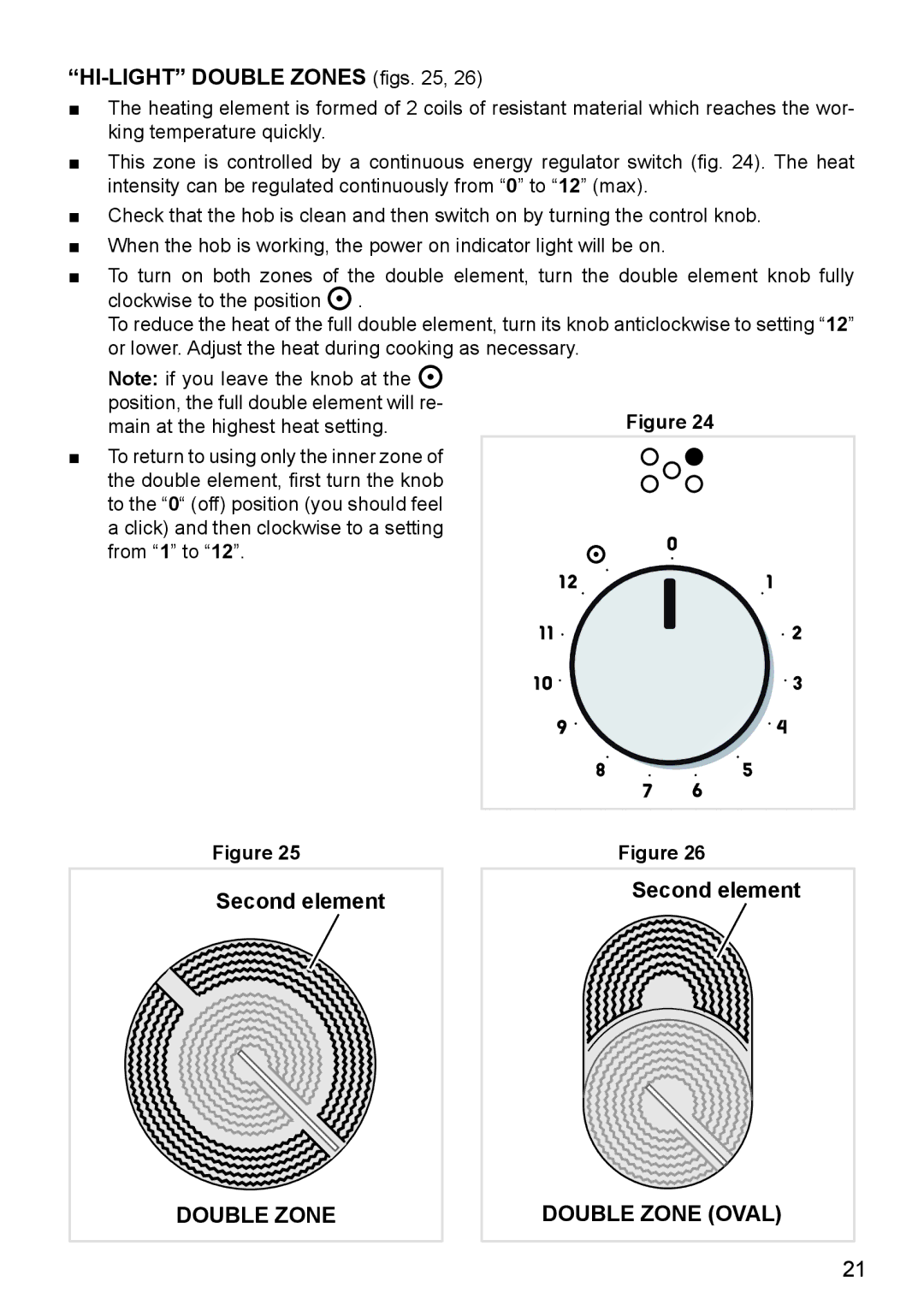 DeLonghi DEF905E manual Hi-light double zoneS figs, Second element, Double Zone Double Zone Oval 