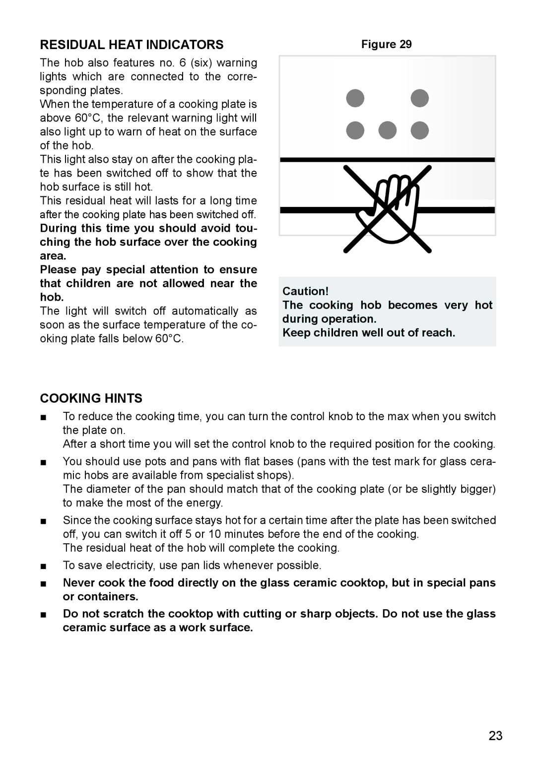 DeLonghi DEF905E manual Residual Heat Indicators, Cooking Hints 