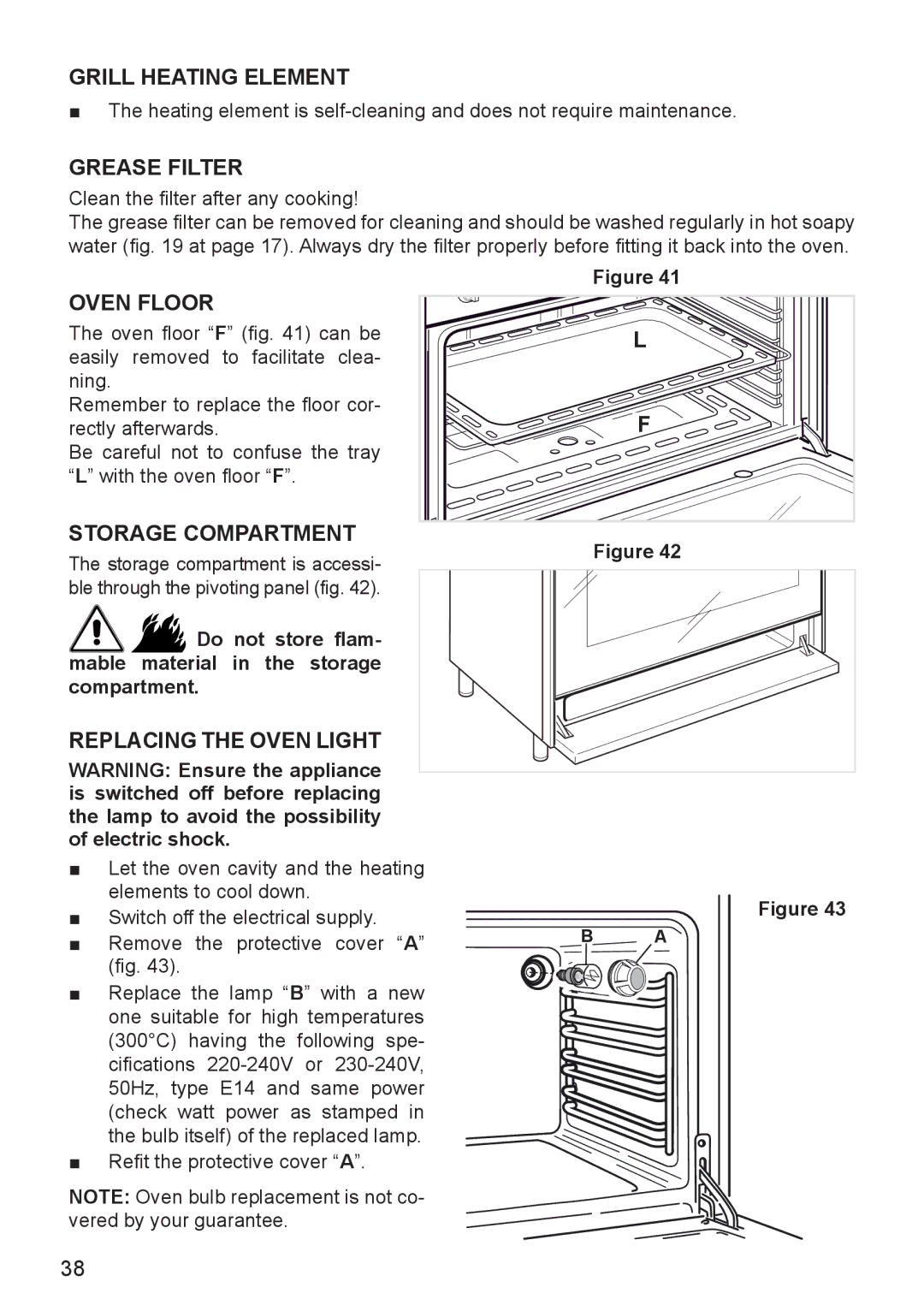 DeLonghi DEF905E manual Grill Heating Element, Oven Floor, Storage Compartment, Replacing the Oven Light 