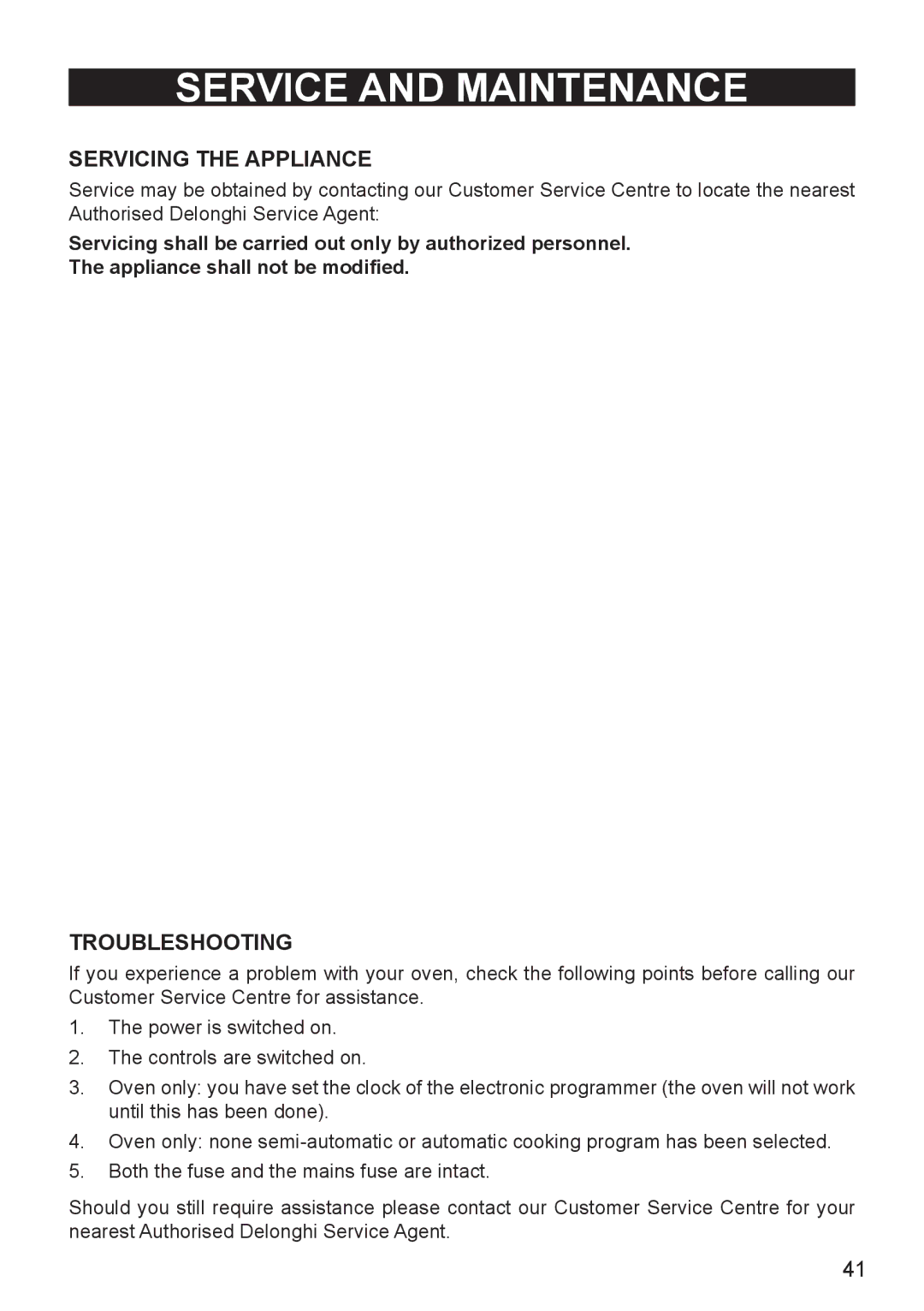 DeLonghi DEF905E manual Servicing the Appliance, Troubleshooting 