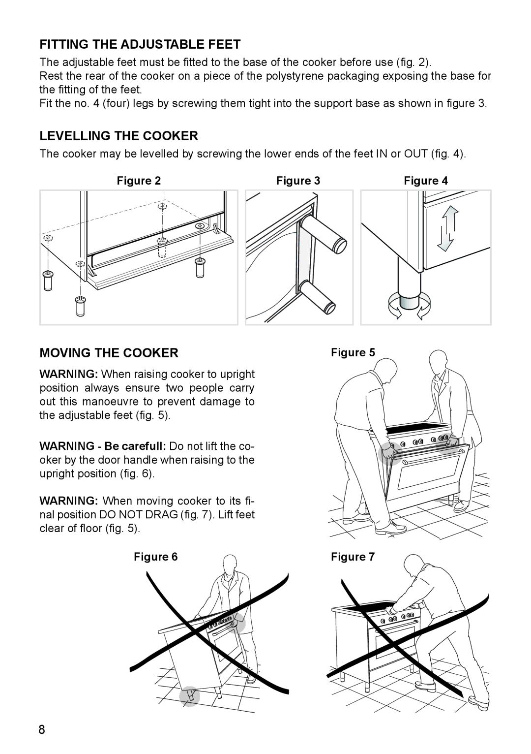 DeLonghi DEF905E manual Fitting the Adjustable Feet, Levelling the Cooker, Moving the Cooker 