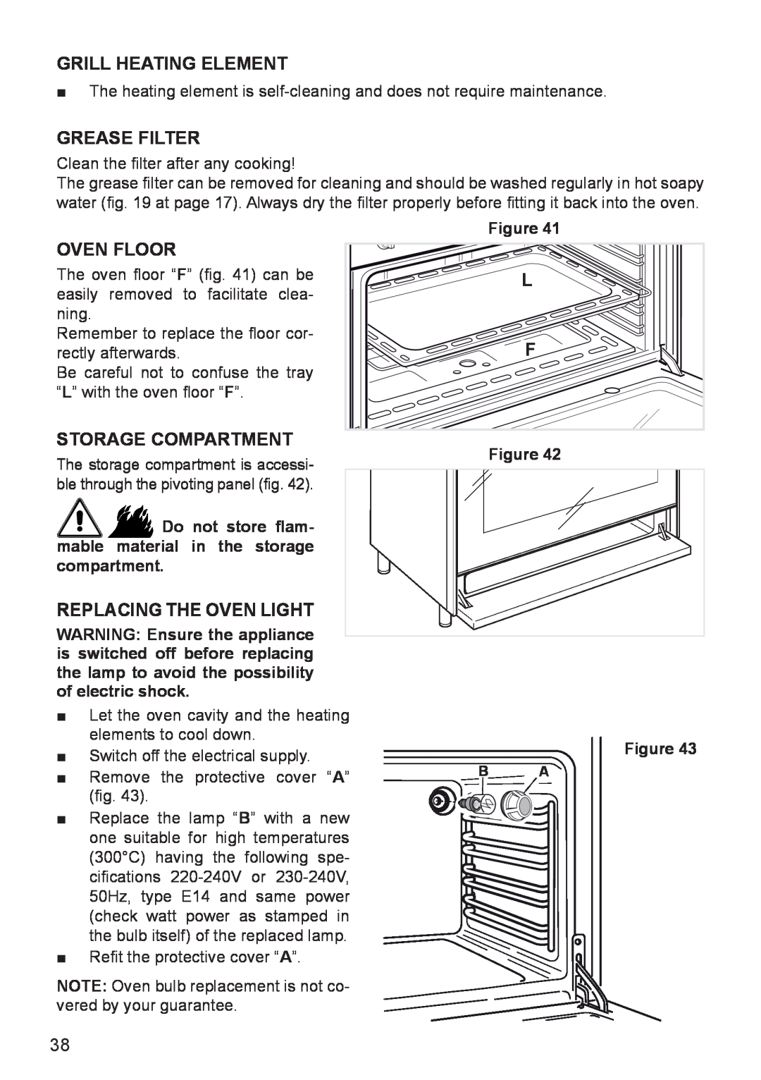 DeLonghi DEF905E manual Grill Heating Element, Grease Filter, Oven Floor, Storage Compartment, Replacing The Oven Light 