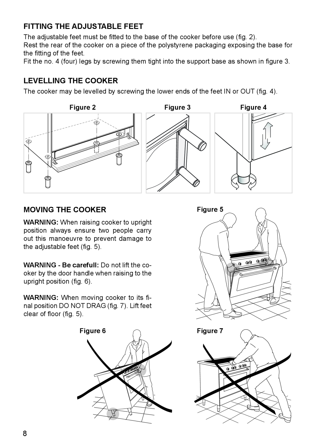 DeLonghi DEF905E manual Fitting The Adjustable Feet, Levelling The Cooker, Moving The Cooker 