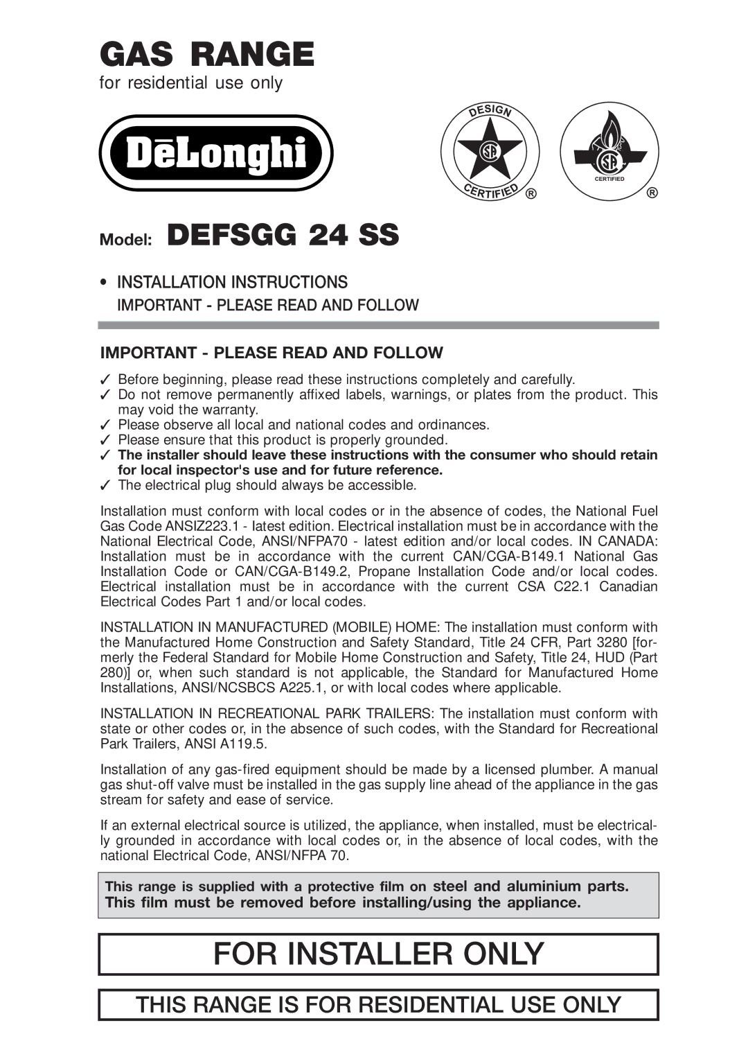 DeLonghi DEFSGG 24 SS installation instructions GAS Range 