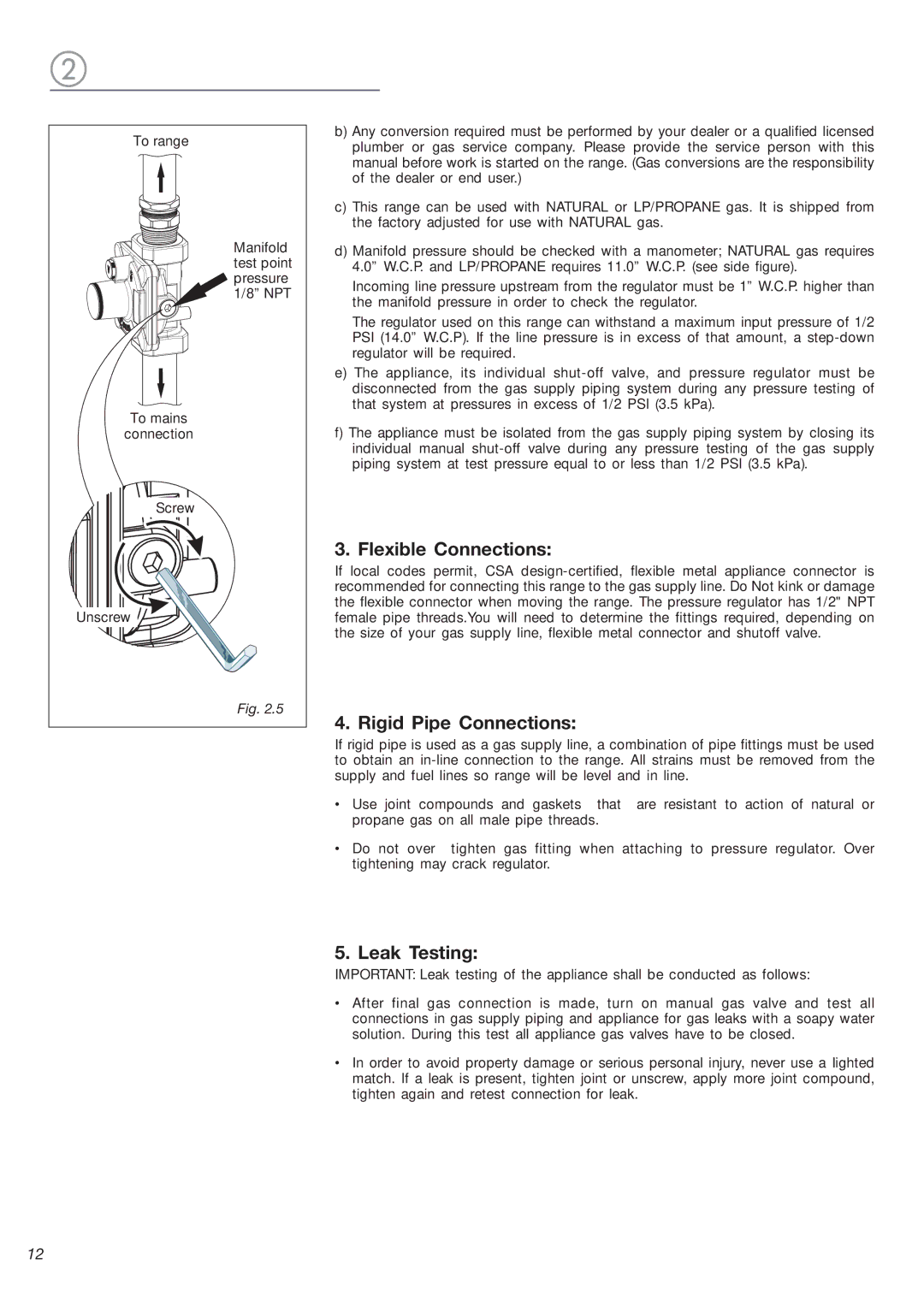 DeLonghi DEFSGG 24 SS installation instructions Flexible Connections, Rigid Pipe Connections, Leak Testing 