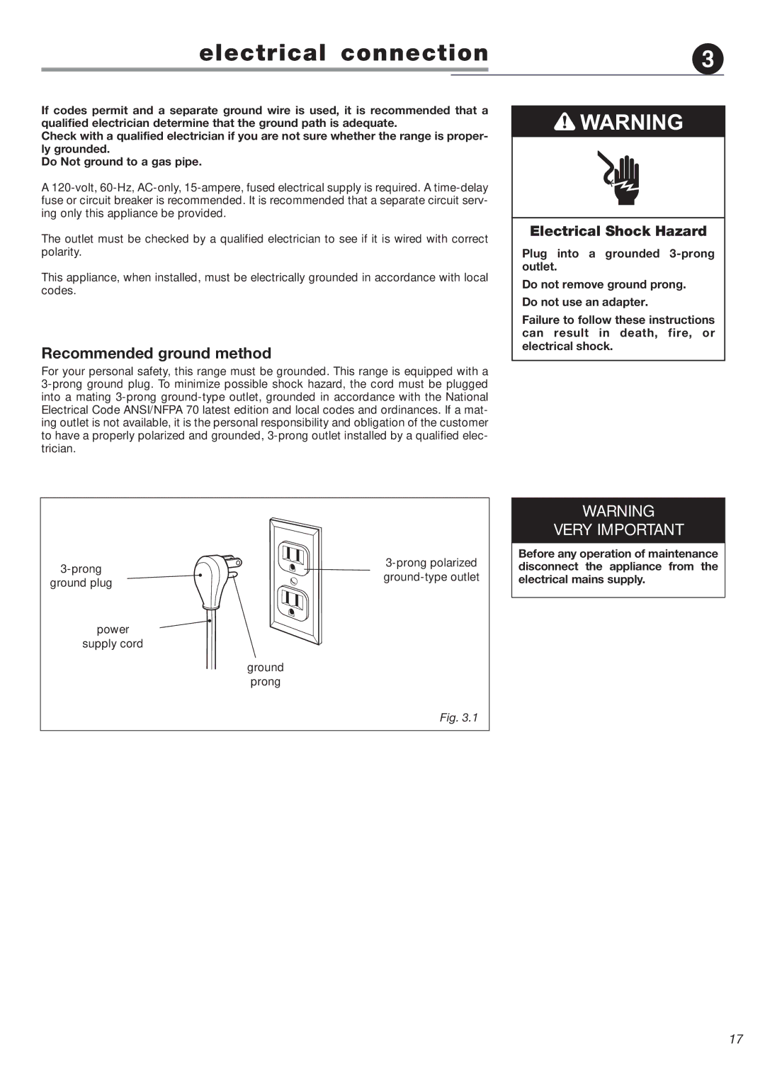 DeLonghi DEFSGG 24 SS installation instructions Electrical connection, Recommended ground method 