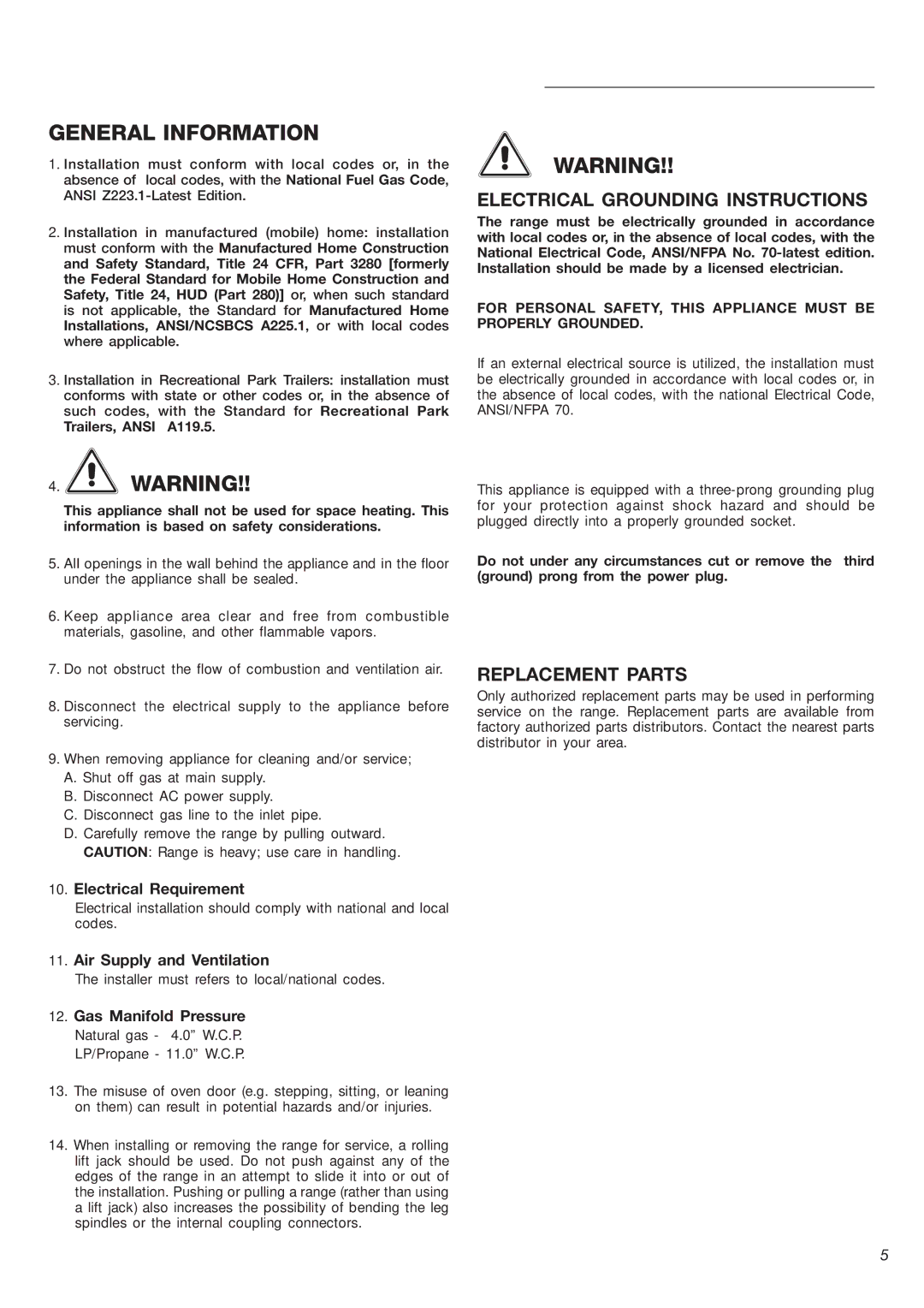 DeLonghi DEFSGG 24 SS Electrical Grounding Instructions, Replacement Parts, Electrical Requirement, Gas Manifold Pressure 