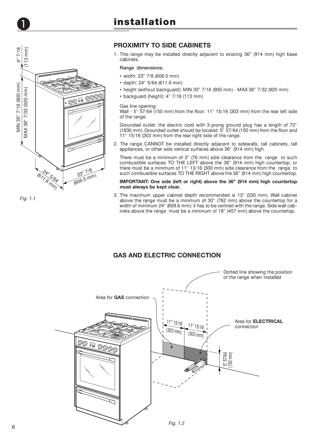 DeLonghi DEFSGG 24 SS installation instructions Proximity to Side Cabinets, GAS and Electric Connection 