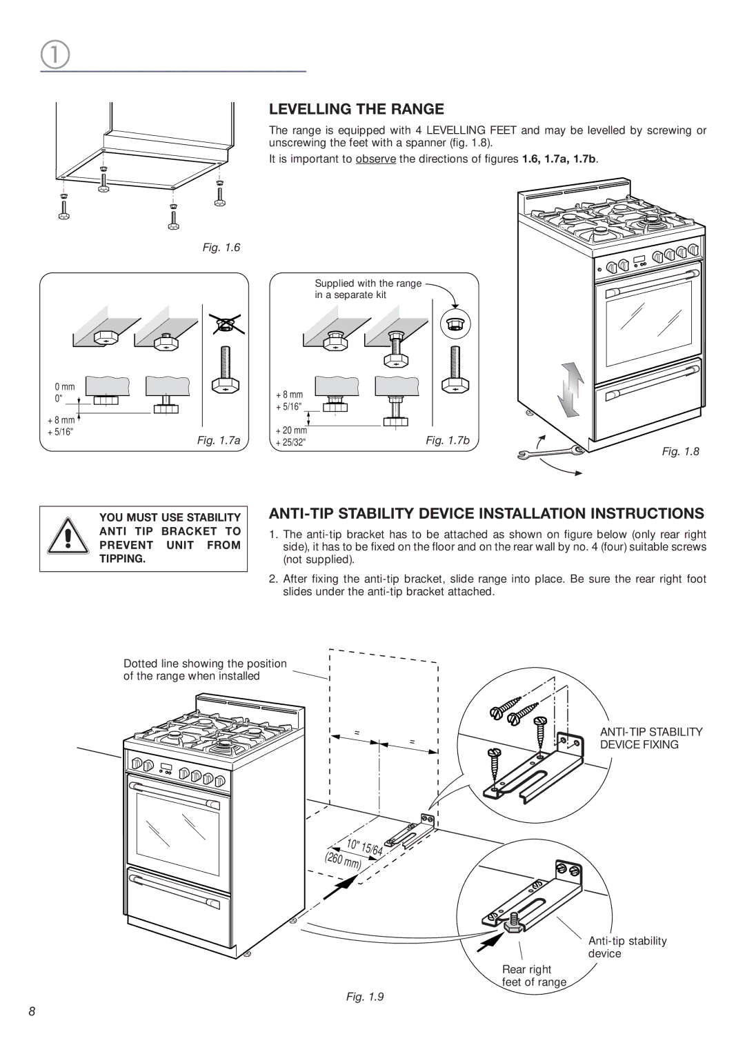 DeLonghi DEFSGG 24 SS installation instructions Levelling the Range, ANTI-TIP Stability Device Installation Instructions 