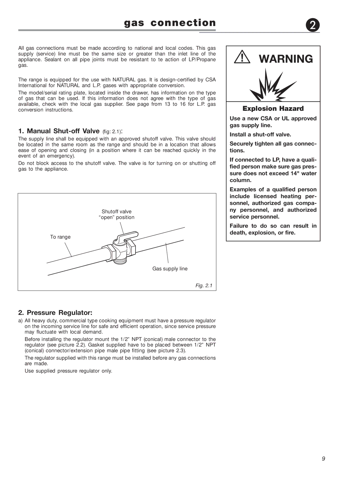 DeLonghi DEFSGG 24 SS installation instructions Manual Shut-off Valve fig, Explosion Hazard, Pressure Regulator 